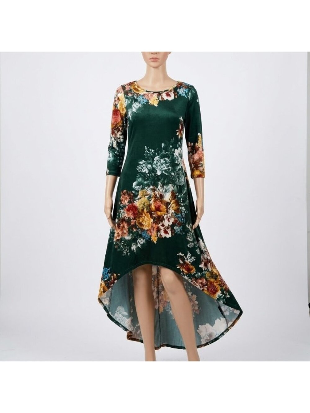 Bellamie Forest Green Floral High-Low Dress 3/4 Sleeve Round Neck Party Gown